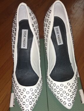 Steve Madden White Pointed-Toe Heels with Silver Eyelet Detail